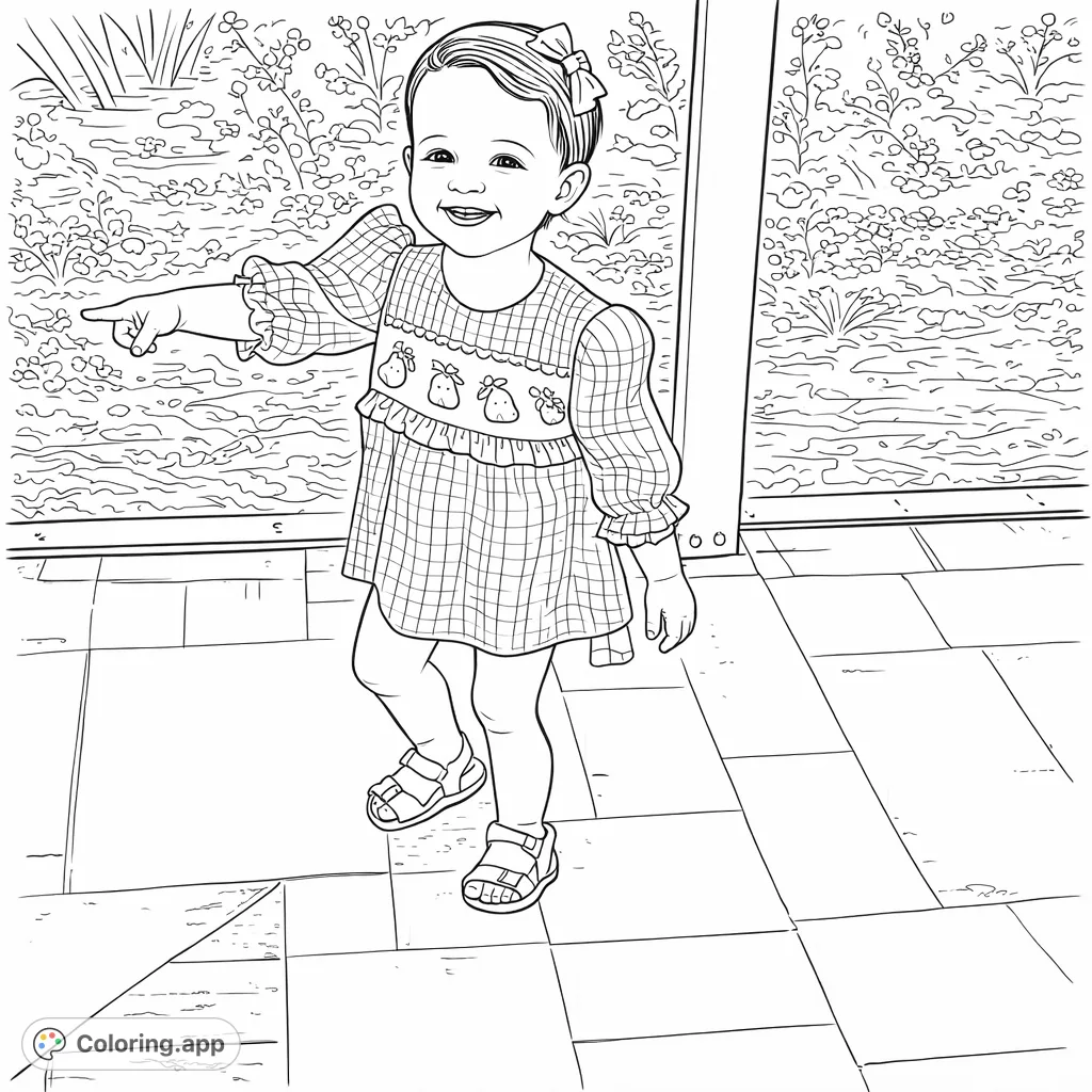 A delightful child in a checkered romper with smocked details and a bow, pointing playfully. Features patterned clothing and sandals against a paved outdoor scene.