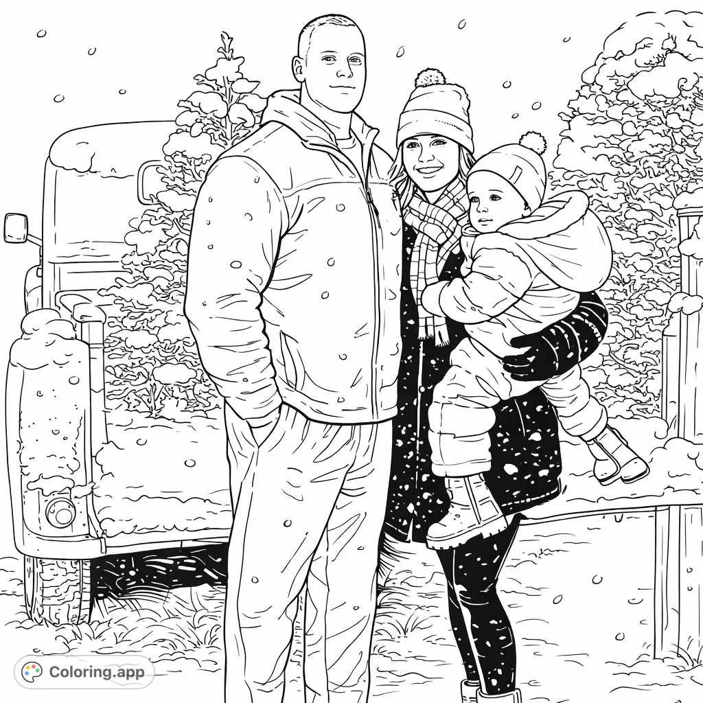 Capture the joy of a winter wonderland with this snowy family portrait coloring page. A cozy group surrounded by snow-covered trees and a vintage truck awaits your creative touch.