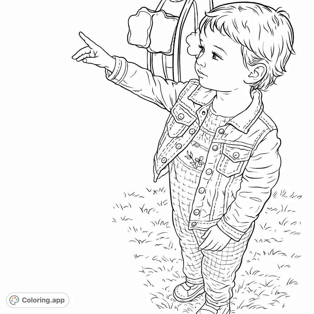 A sweet toddler in a jacket and patterned romper points with curiosity. This charming coloring page is perfect for young explorers!