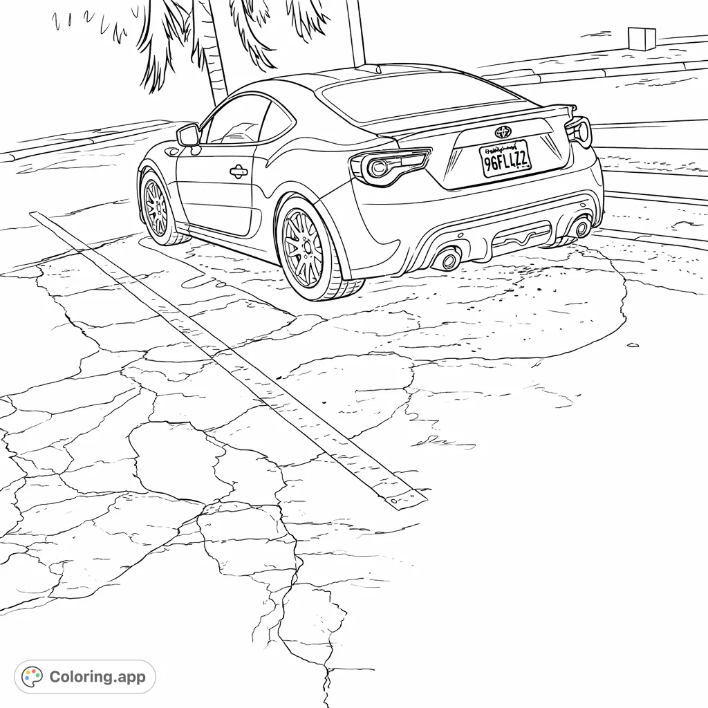Color a dynamic sports coupe parked in a cracked asphalt lot under a night sky. Features sleek lines, detailed wheels, and a textured ground for an engaging automotive coloring experience.