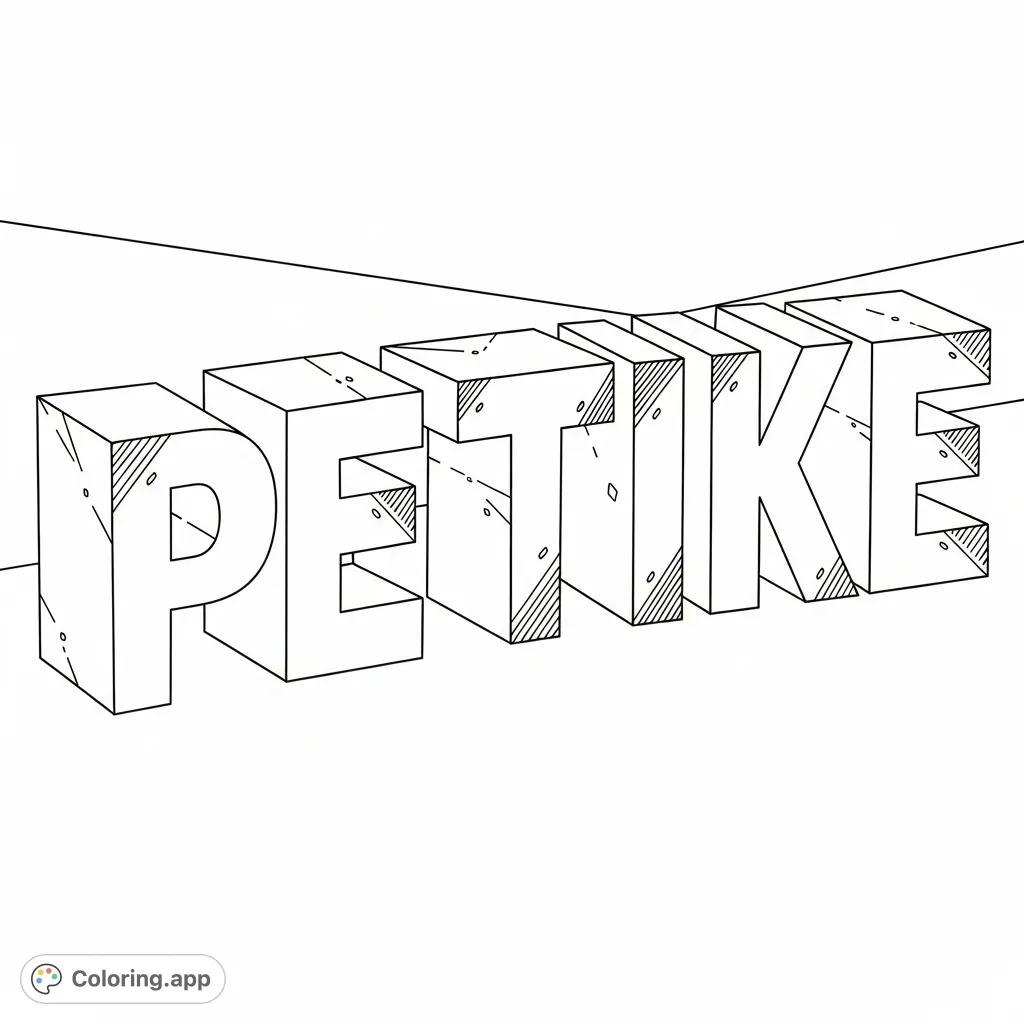 Explore a dynamic PETIKE coloring page featuring bold 3D letters with intriguing depth and patterns, perfect for personalizing with your favorite hues.