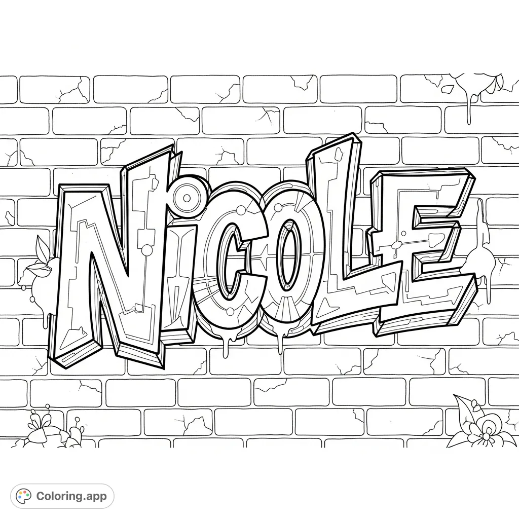 Unleash your creativity on this dynamic "Nicole" graffiti piece. Featuring intricate lettering and a textured brick wall, it's perfect for urban art fans.