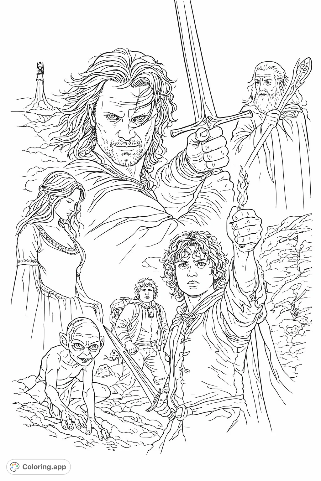An epic fantasy coloring page showcasing iconic heroes and creatures in a dramatic montage. Perfect for fans of grand adventures and mythical tales.
