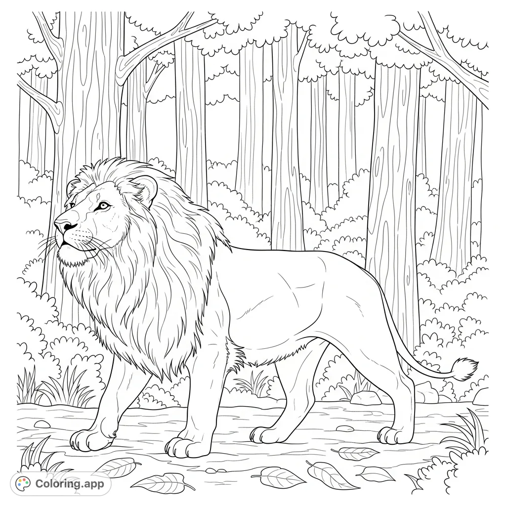 A majestic lion walks through a detailed forest, gazing upward, offering an engaging free printable coloring page experience for all ages.