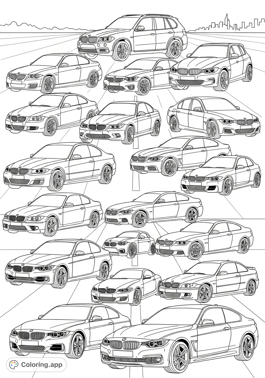 Explore a dynamic collection of 15 different BMW models, from classic to modern, parked in an urban setting. A perfect BMW coloring page for car enthusiasts.