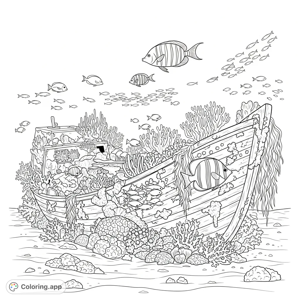 Explore an underwater world with a majestic shipwreck nestled among vibrant coral and schools of fish. A captivating ocean shipwreck coloring page.