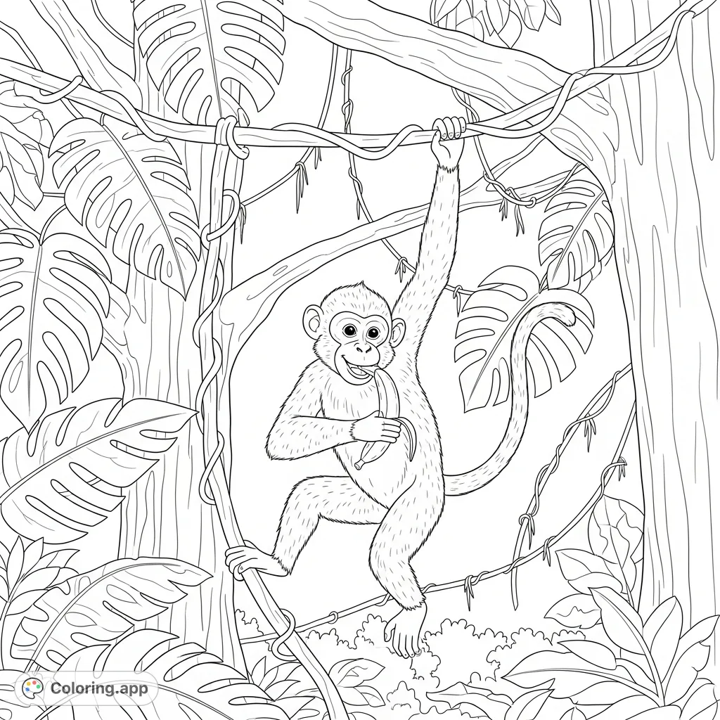 A playful monkey swings through the dense jungle canopy, enjoying a banana. This free printable jungle monkey coloring page is perfect for all ages.