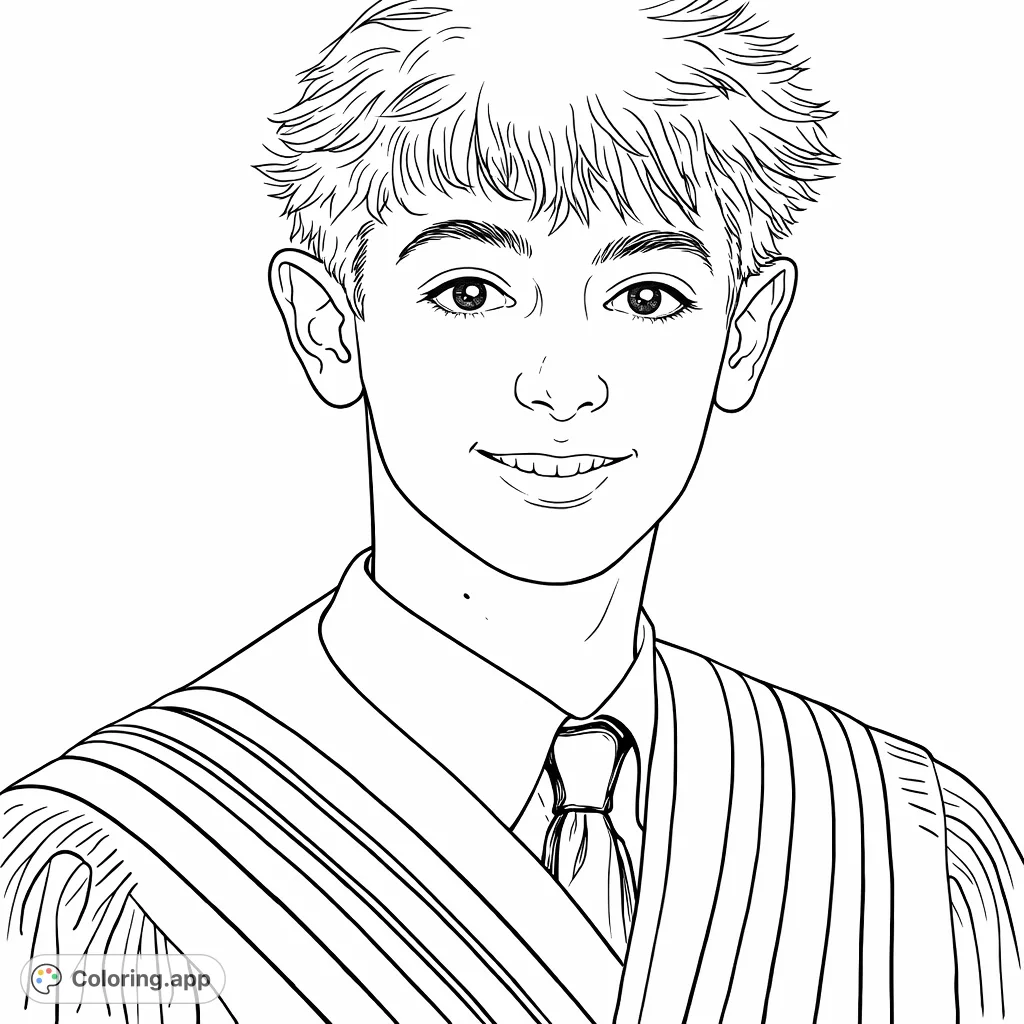 A smiling graduate in formal attire, featuring a pleated gown, crisp shirt, and striped stole. Celebrate academic achievement with this inspiring portrait.