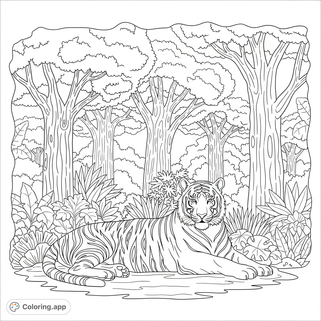 Relaxing Tiger in Jungle Trees - Coloring.app