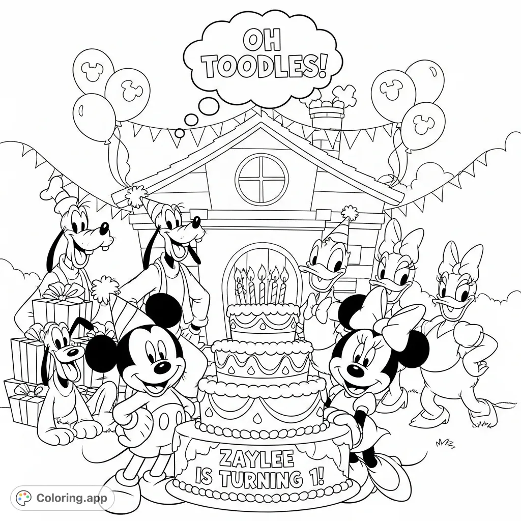 Join Mickey Mouse, Minnie Mouse, and friends celebrating a first birthday inside the decorated Mickey Mouse Clubhouse! Features a multi-tiered cake.