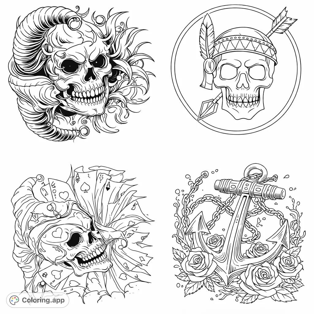 Unleash your creativity with this intricate jester skull coloring page, featuring a detailed skull, jester hat, and scattered playing cards.