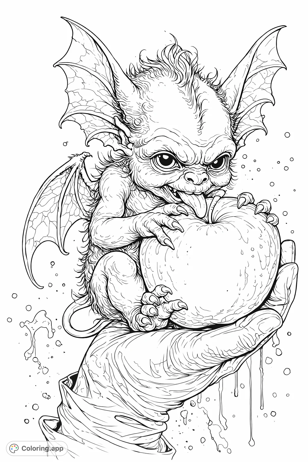 A mischievous winged imp savors an apple held in a gloved hand. Features intricate details on the creature, fruit, and expressive background for unique coloring fun.