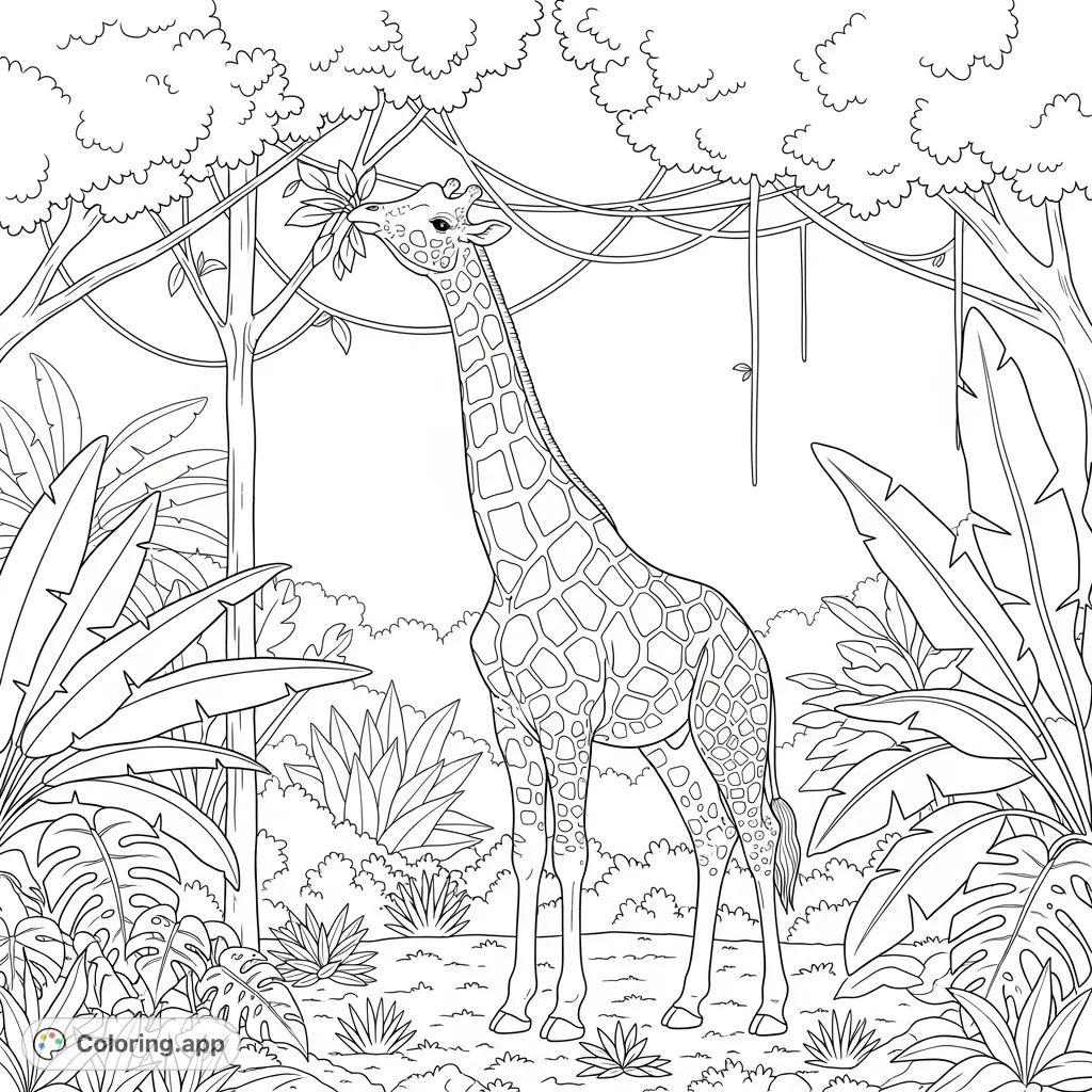 A majestic giraffe stands tall in a lush jungle, gracefully reaching for and eating fresh leaves from a towering tree. Perfect for animal and nature lovers!