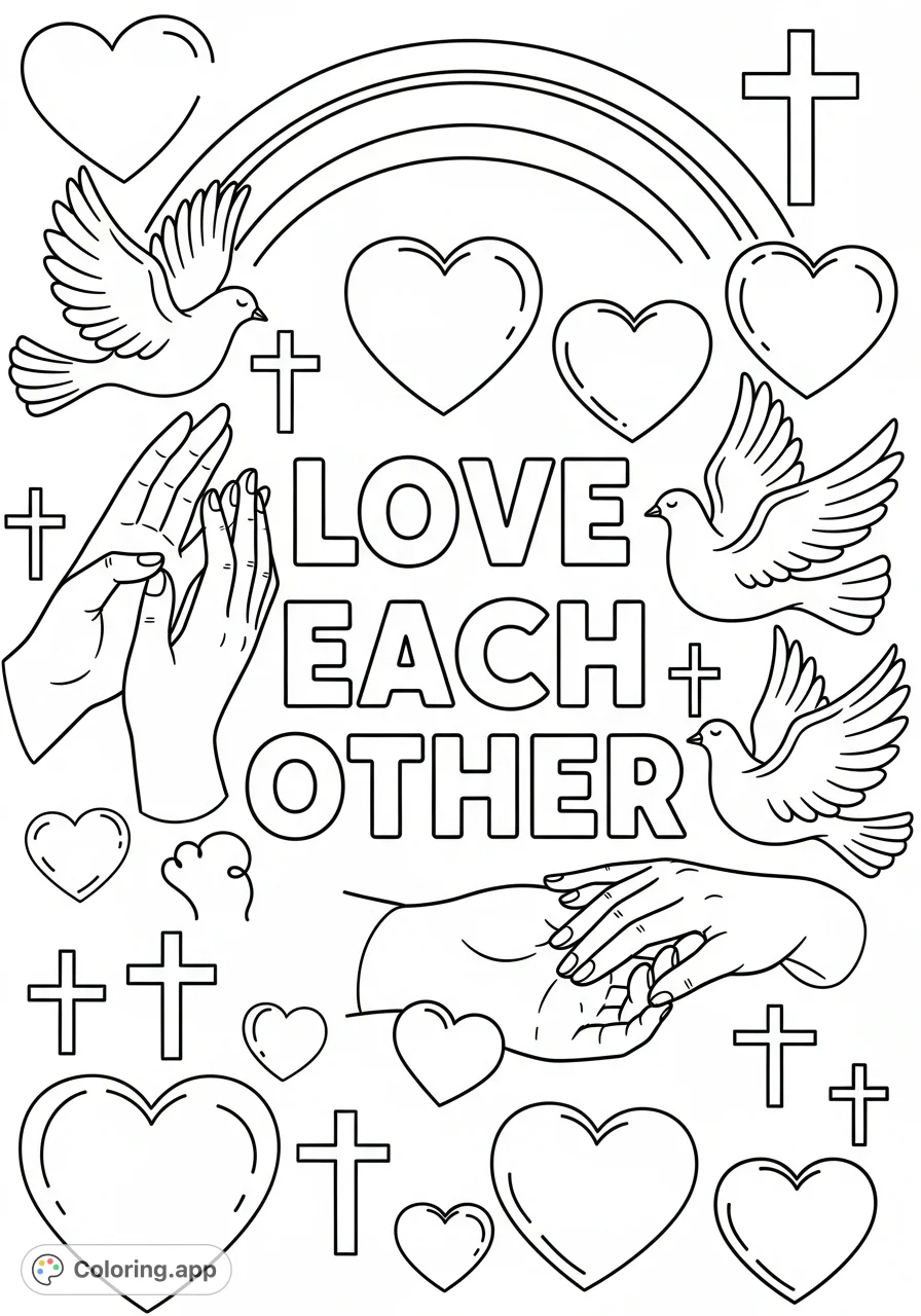 A heartwarming Bible coloring page featuring 'LOVE EACH OTHER' surrounded by cute hands, doves, and hearts. Perfect for kids to learn Christian values.