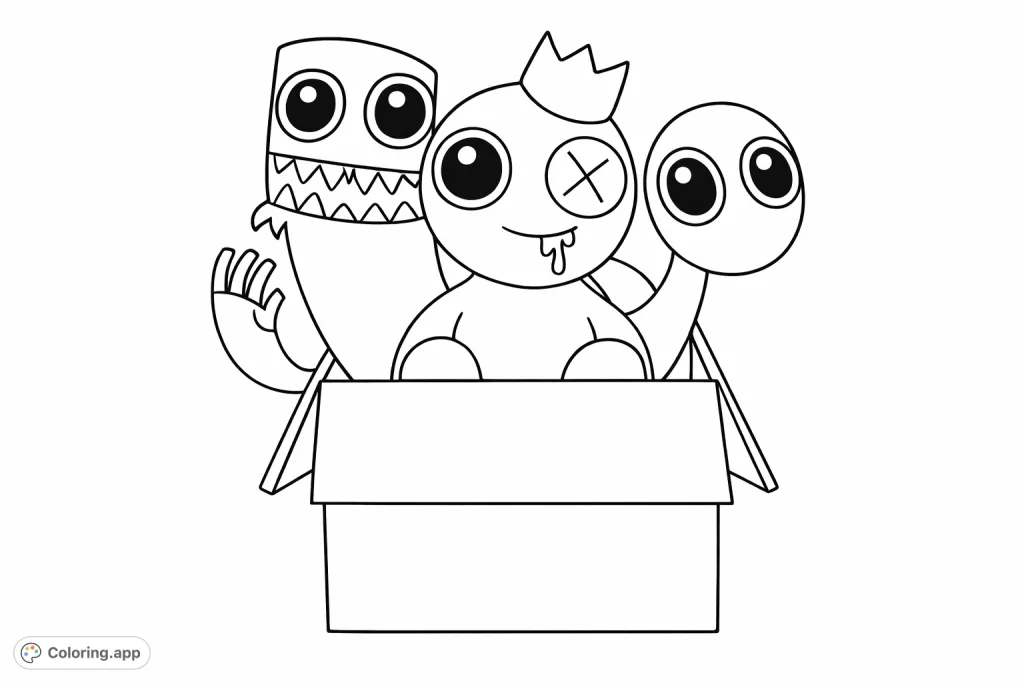 Discover a delightful trio of quirky cartoon characters, including a crowned creature and a friendly monster, playfully emerging from a cardboard box. A fun coloring adventure awaits!