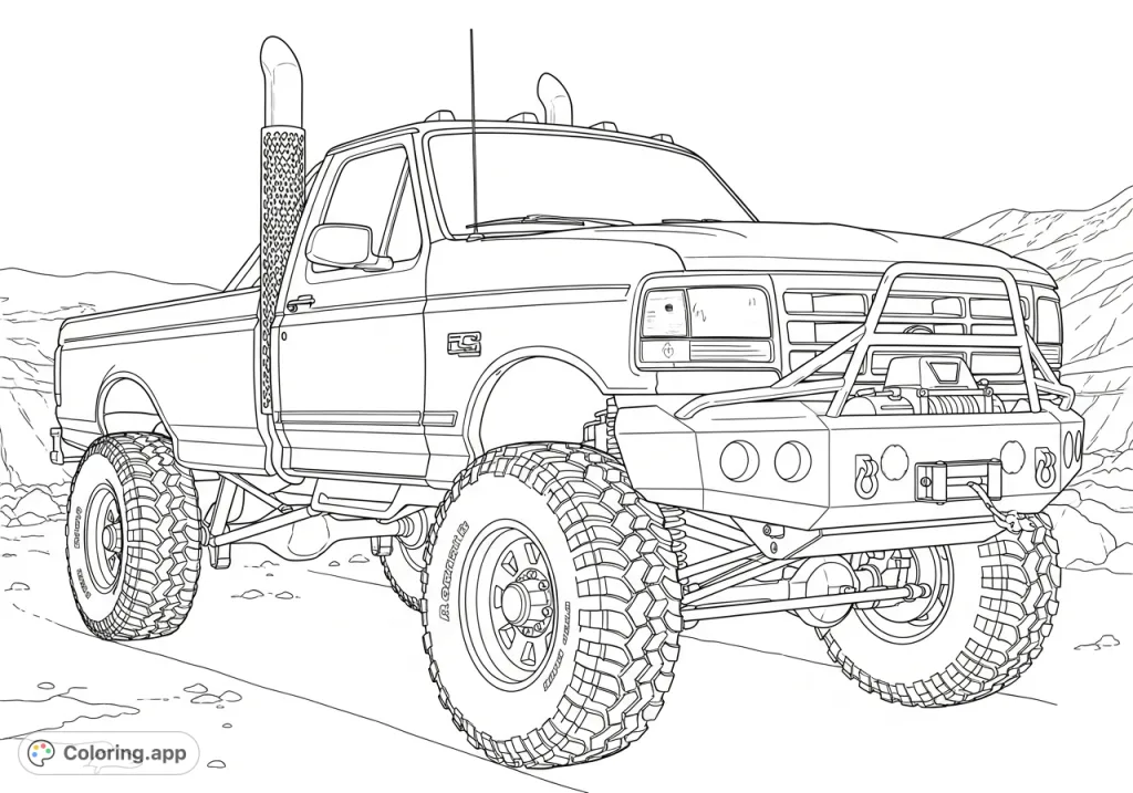 Unleash your creativity on this custom 1990 Ford F-Series truck, featuring a lifted stance, massive tires, and imposing exhaust stacks, hinting at powerful performance.