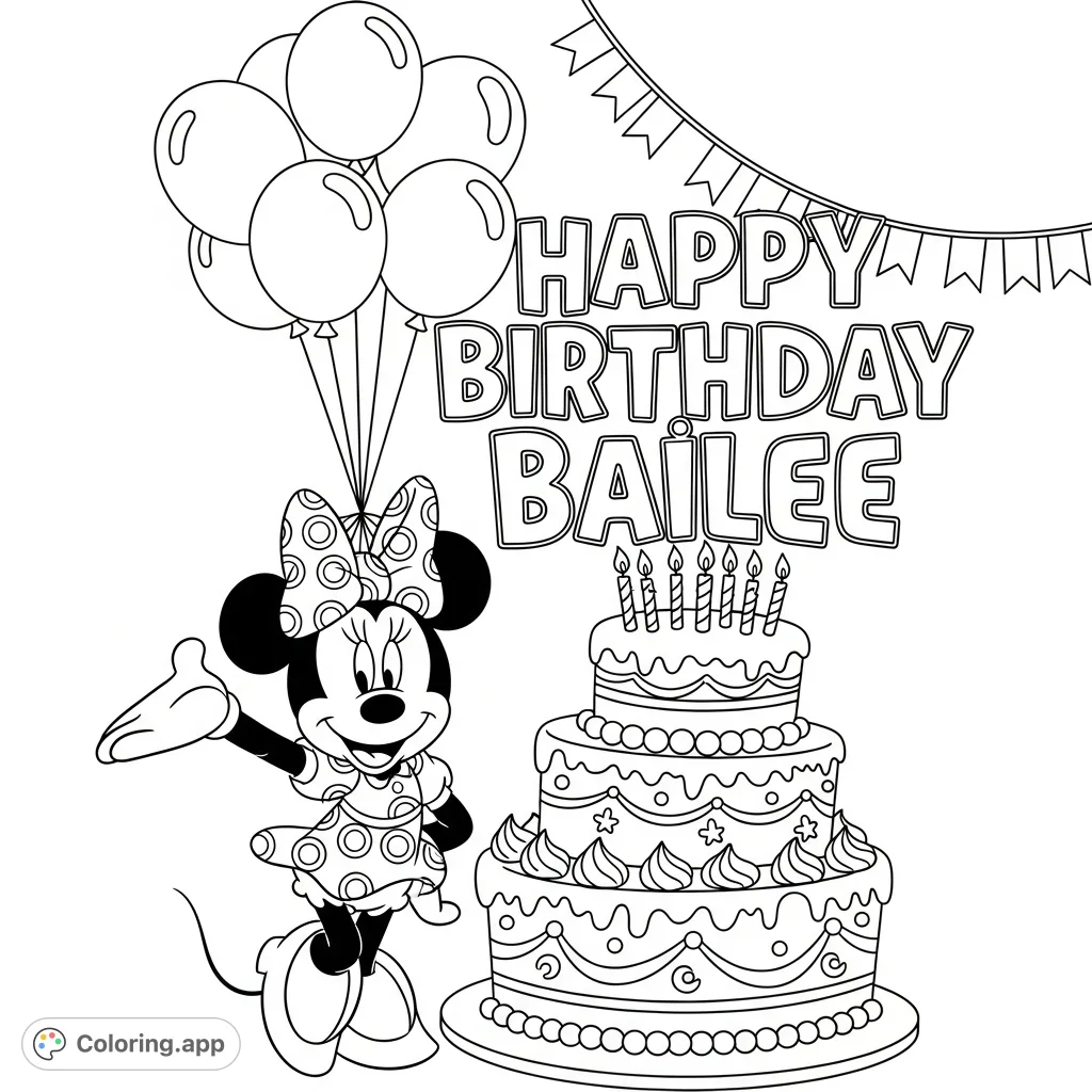 A delightful Minnie Mouse coloring page featuring her beside a festive multi-tiered birthday cake, floating balloons, and "Happy Birthday Bailee" text.