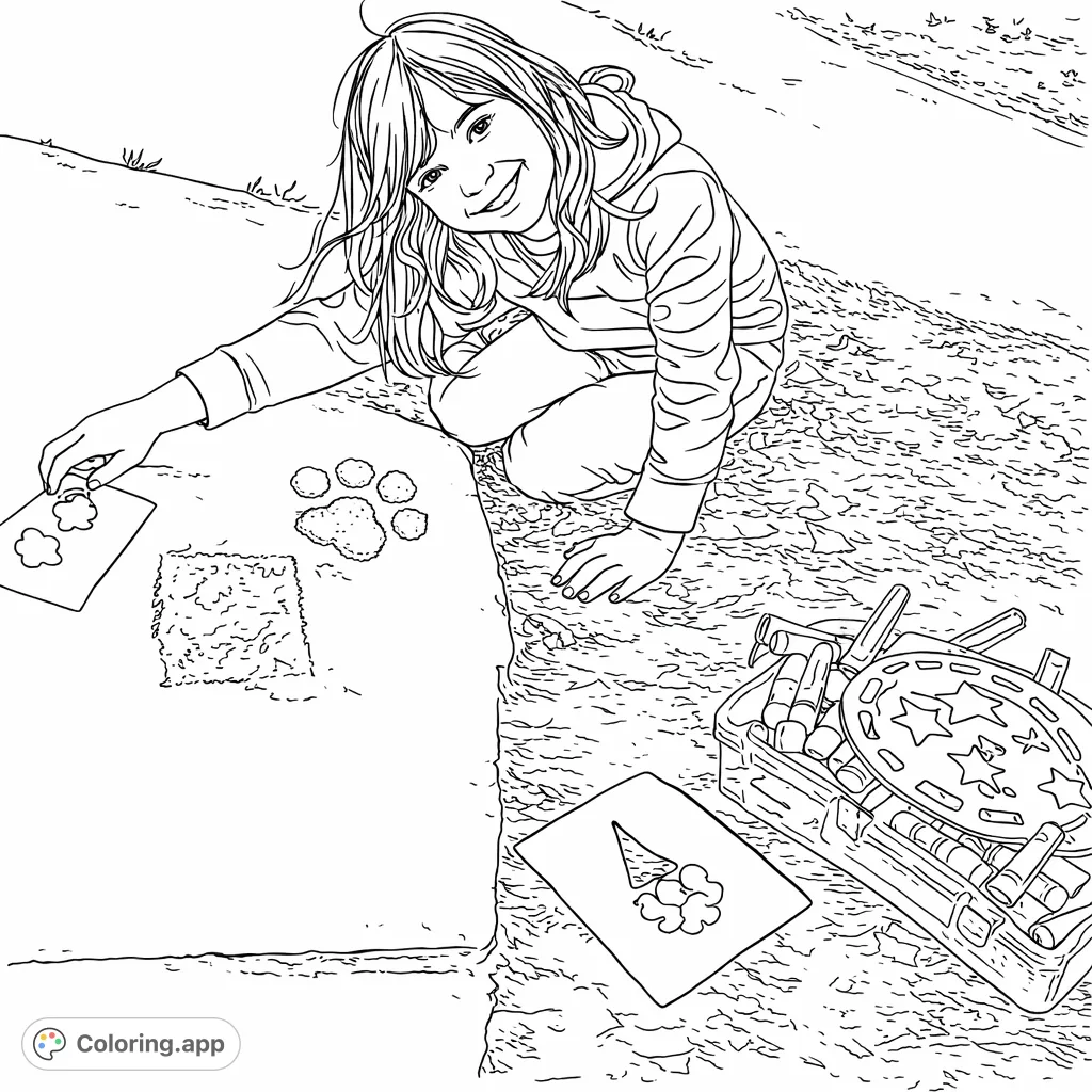 A happy child creates sidewalk art with stencils and chalk, surrounded by drawing supplies. Perfect for imaginative play and creative expression.