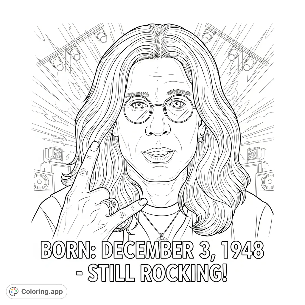 Capture the Prince of Darkness! This Ozzy Osbourne coloring page features the rock legend, his iconic look, and vital dates. Perfect for fans.