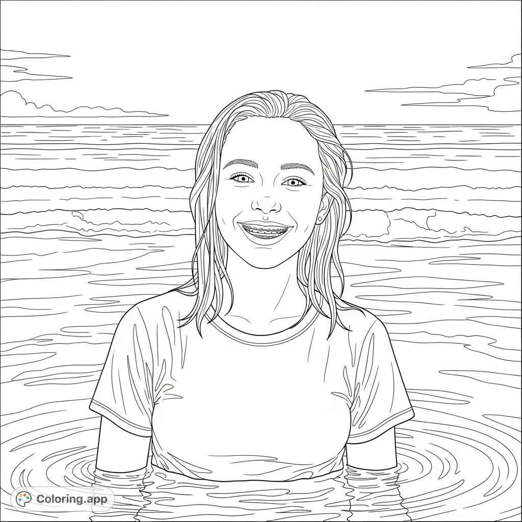 A serene California ocean coloring page featuring a smiling teenage girl with visible braces and wet, shoulder-length hair at tranquil dawn. Perfect for teen colorists.