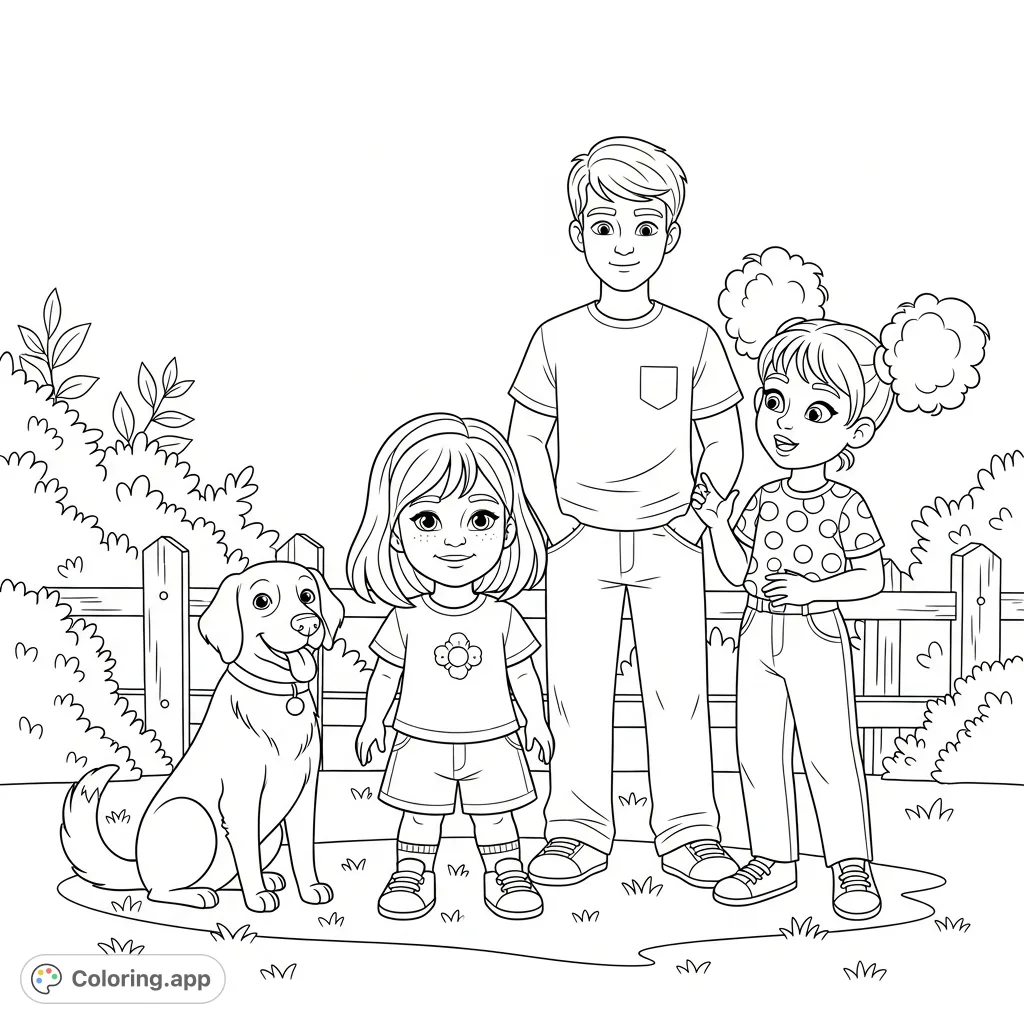 A heartwarming scene featuring three teenage friends and their loyal dog on a grassy patch. Perfect for fostering creativity and social connection.