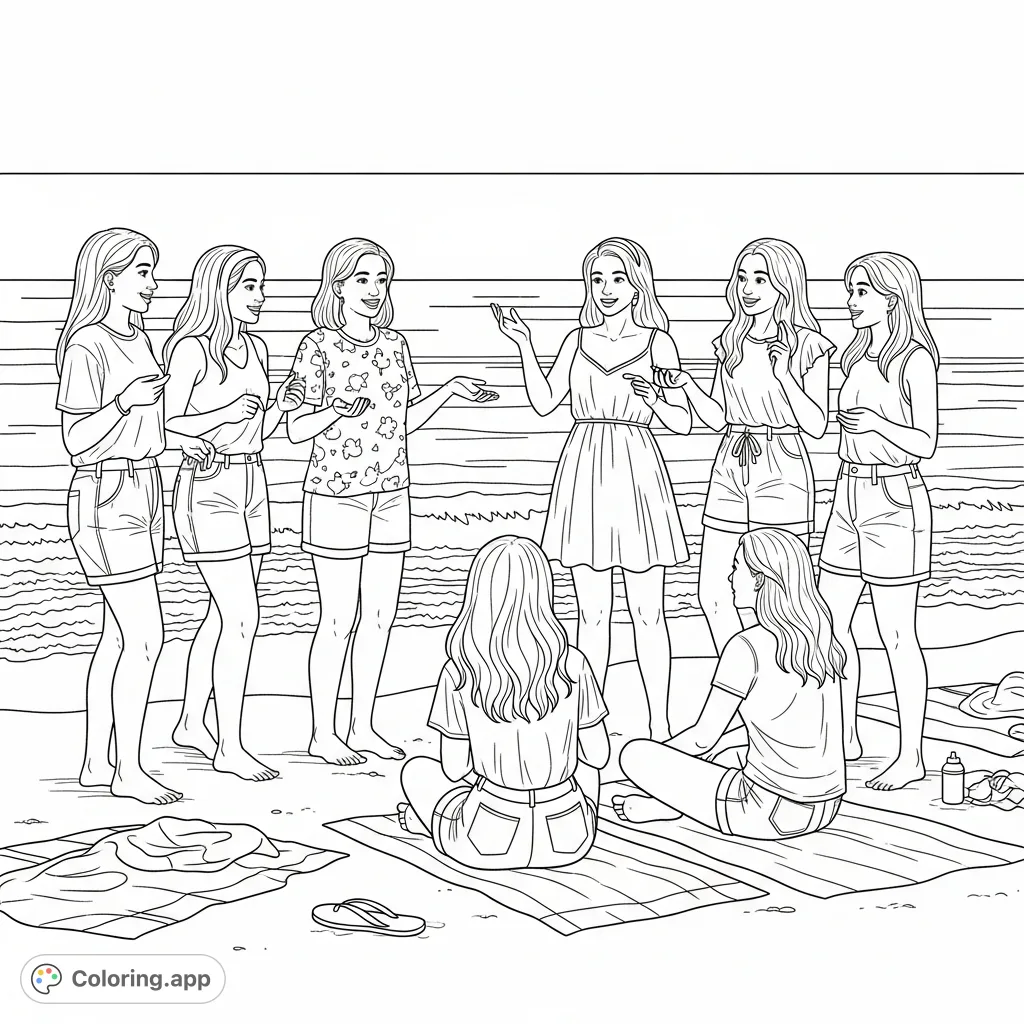 Capture summer vibes with this beach scene featuring teenage girls in casual clothes, enjoying friendly conversation by the ocean. A perfect free printable coloring page.