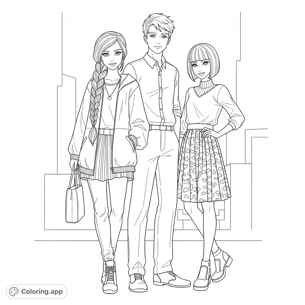 A fun free printable teenagers coloring page featuring three stylish friends: a braided girl, a boy, and a bob-haired girl, ready for your creative touch.