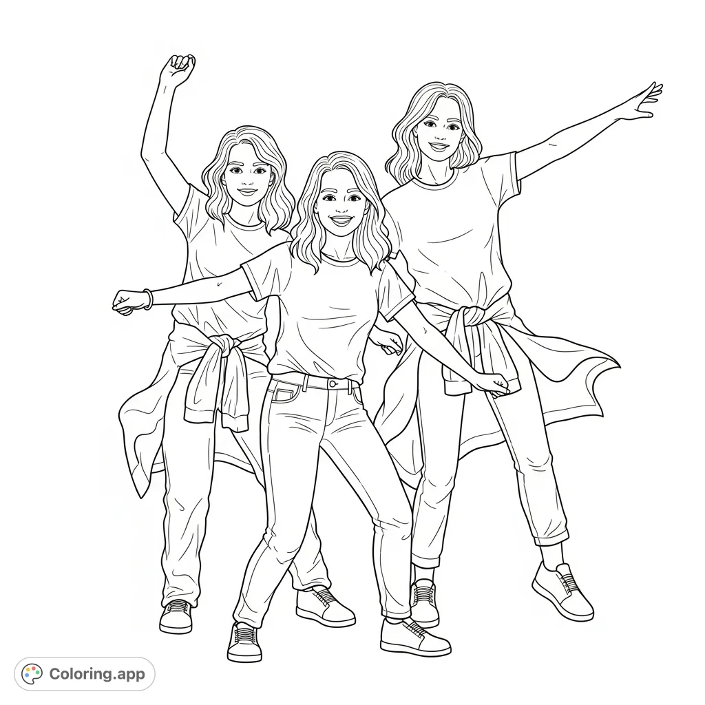 A dynamic coloring page featuring three smiling teenage girls mid-dance, celebrating friendship and movement with expressive poses and shoulder-length hair.