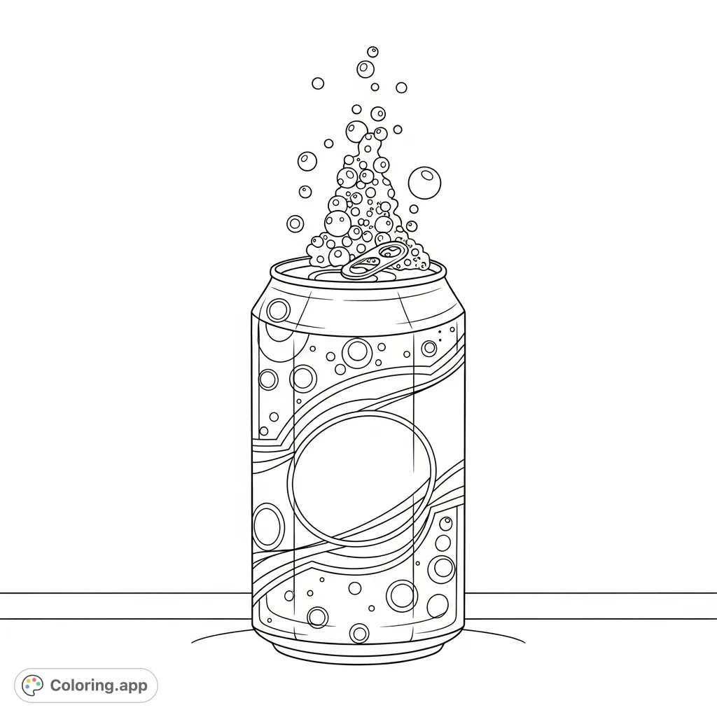 A fun, free printable soda can coloring page featuring a detailed label and effervescent bubbles, perfect for food coloring pages and refreshing creative fun.