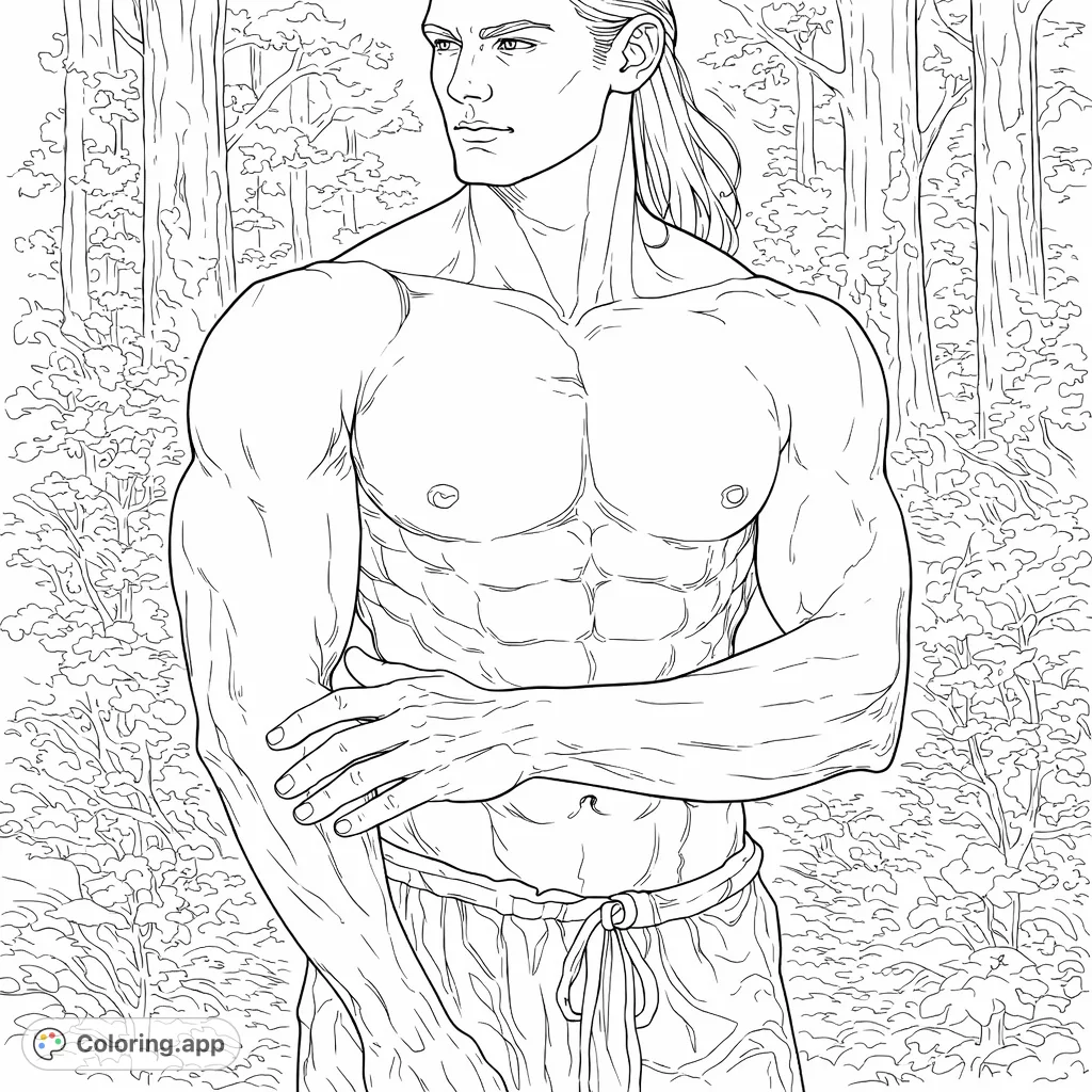 A powerful muscular elf or forest warrior coloring page, showcasing a sculpted physique and serene expression against a natural woodland backdrop. Perfect for detailed coloring.