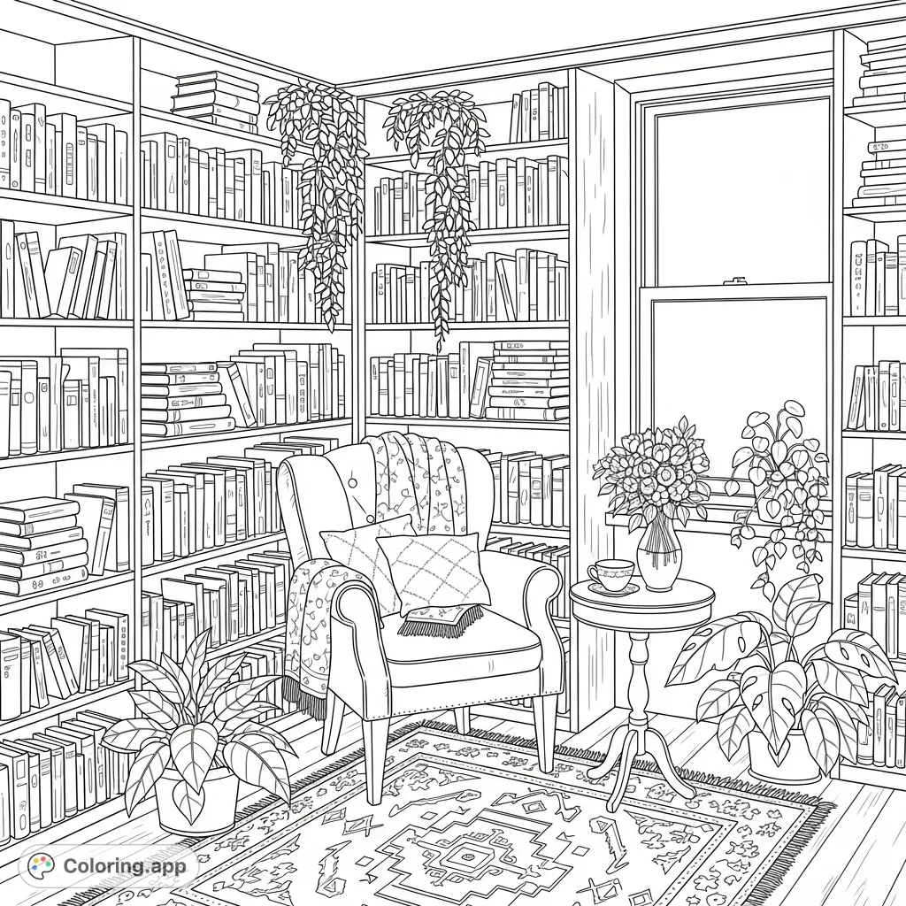 Explore a charming small library interior, packed with books, elegant decor, and lush plants. A perfect, detailed scene for an immersive coloring experience.