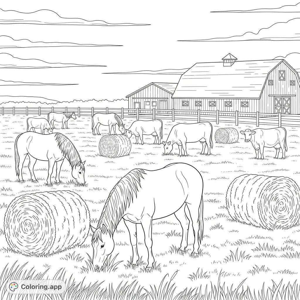 A peaceful farm scene featuring horses, cows, haybales, and a barn in a vast pasture. A delightful rural landscape for coloring.
