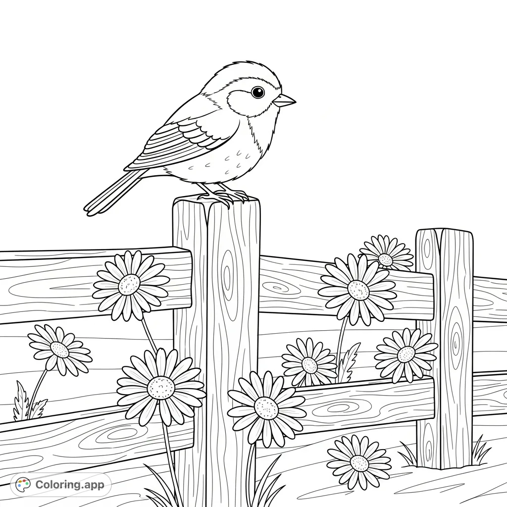 A delightful bird perches on a rustic fence adorned with charming daisies, creating a serene springtime scene. Perfect for a relaxing and artistic escape.