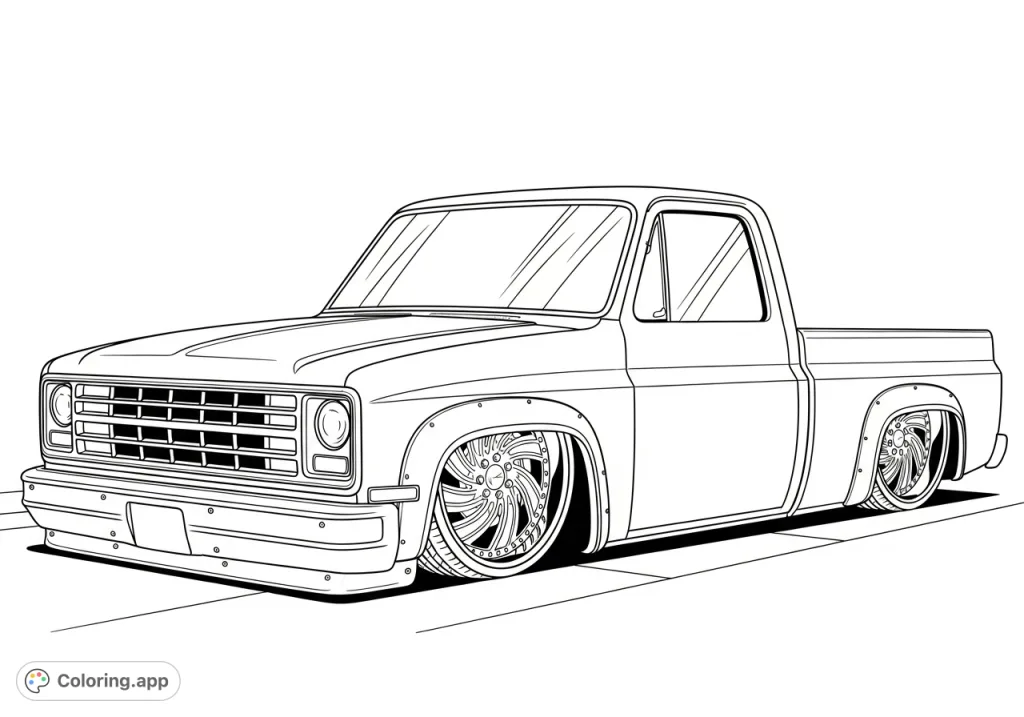 Unleash your creativity with this custom lowered truck coloring page, featuring sleek lines and elaborate rims. A cool ride ready for your artistic touch!