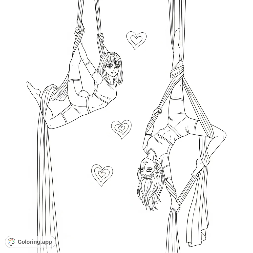 Dynamic gymnastics coloring page featuring two girls performing aerial tricks on silks. A captivating scene for sports enthusiasts and aspiring acrobats.