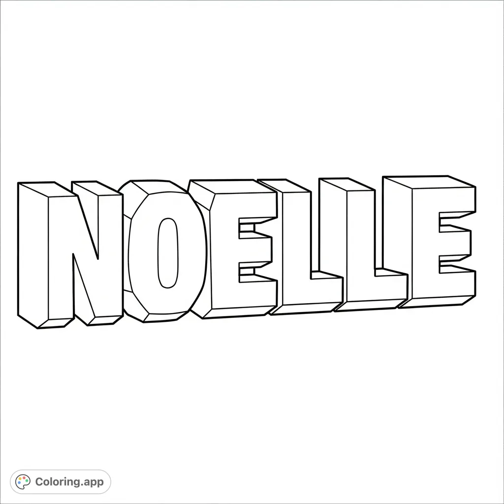 A fun, dimensional Noelle coloring page featuring the name in blocky 3D letters. Perfect for personalizing or celebrating a special someone.
