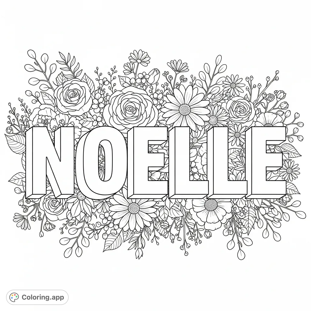 A captivating 'Noelle' lettering coloring page featuring bold 3D letters adorned with an elegant floral pattern, perfect for personalization and creative expression.