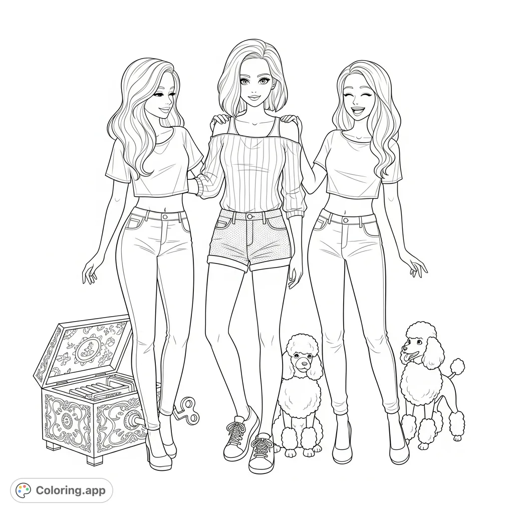 A trendy scene featuring three stylish girls, one in an off-shoulder top and denim shorts, flanked by two friends in crop tops and jeans, with a decorative music box nearby. A perfect teen fashion coloring page.