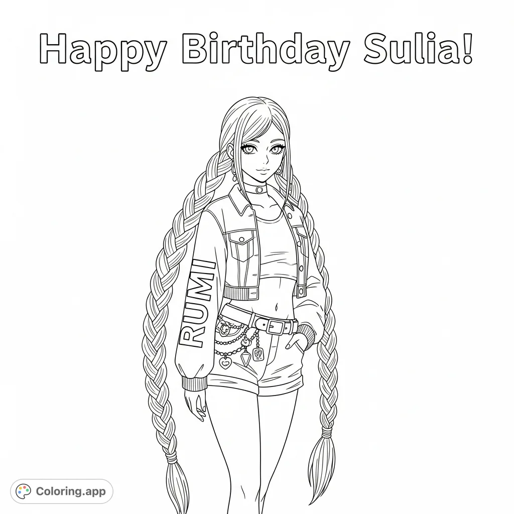Celebrate with Rumi! A stylish girl with a knee-length plait and "RUMI" jacket, featured with "Happy Birthday Sulia!" text. Perfect for personalized fun!