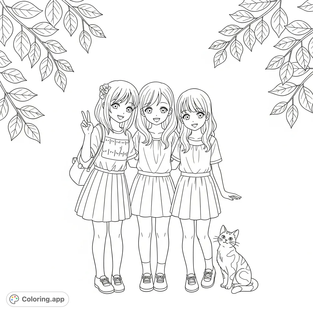 A delightful coloring page featuring three cheerful girls and their patterned cat, surrounded by natural leafy branches. Perfect for creative expression!