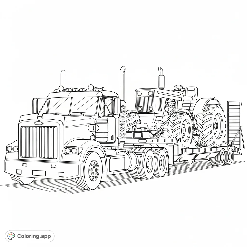 A detailed transport truck with a flatbed trailer carries a sturdy tractor. Perfect for vehicle enthusiasts, this free printable transport truck coloring page offers robust detail.