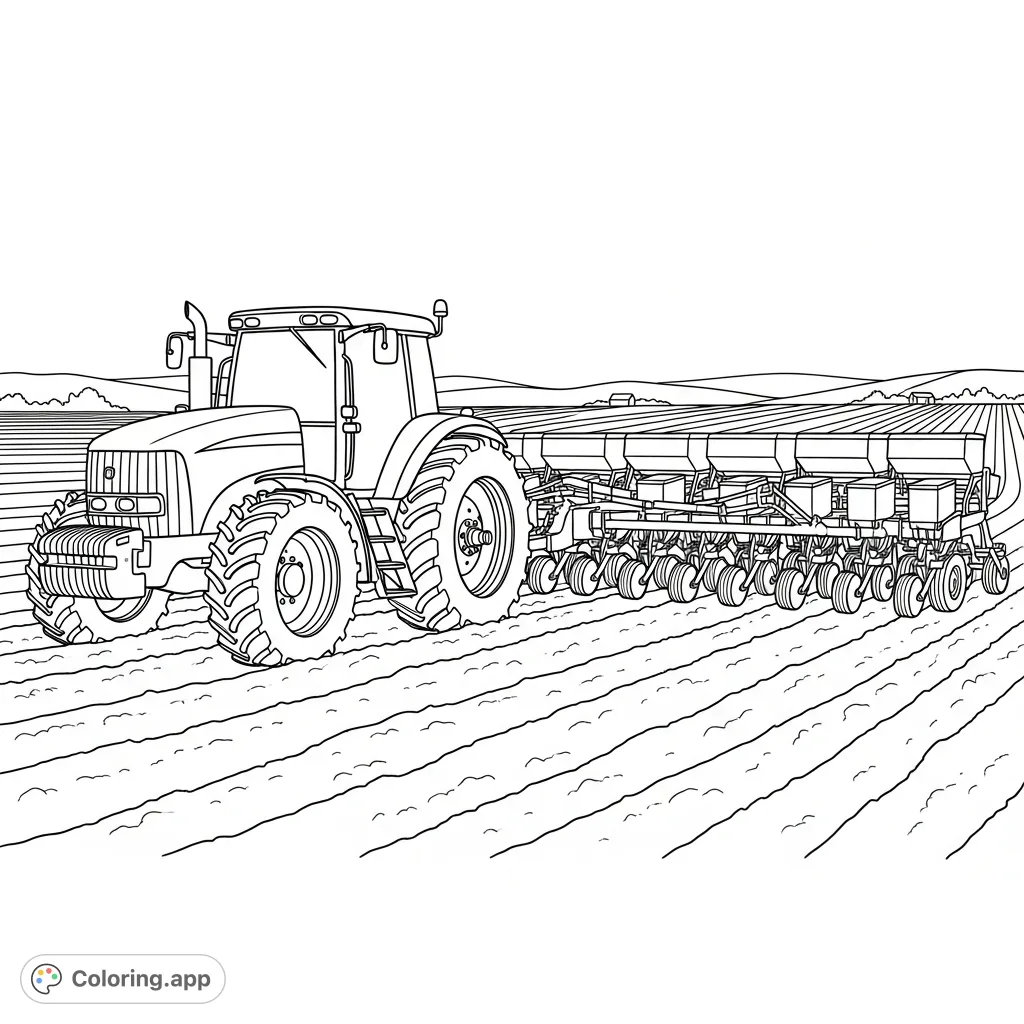 A detailed farm tractor pulling a multi-row planter across a vast, tilled field, ready for planting. An engaging farm machinery coloring page.