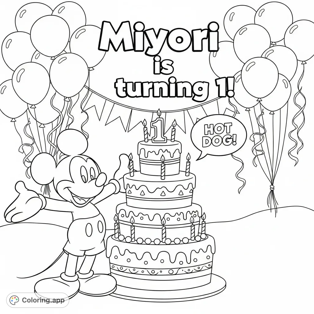 Join Mickey Mouse for a joyful birthday celebration featuring a multi-tiered cake, balloons, streamers, and special text for a first birthday!