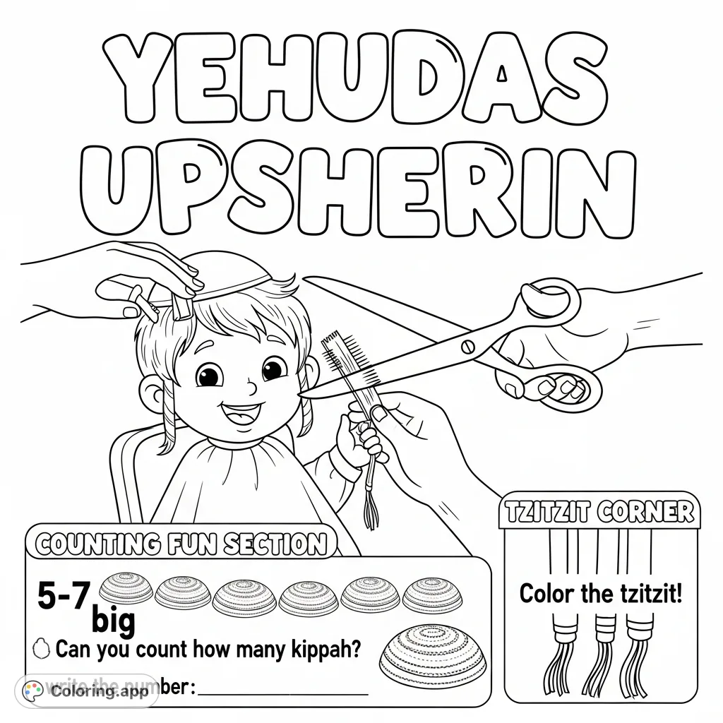 Celebrate a first haircut with this special Upsherin coloring page. Features a happy boy, "Yehudas Upsherin" text, and fun counting activity.