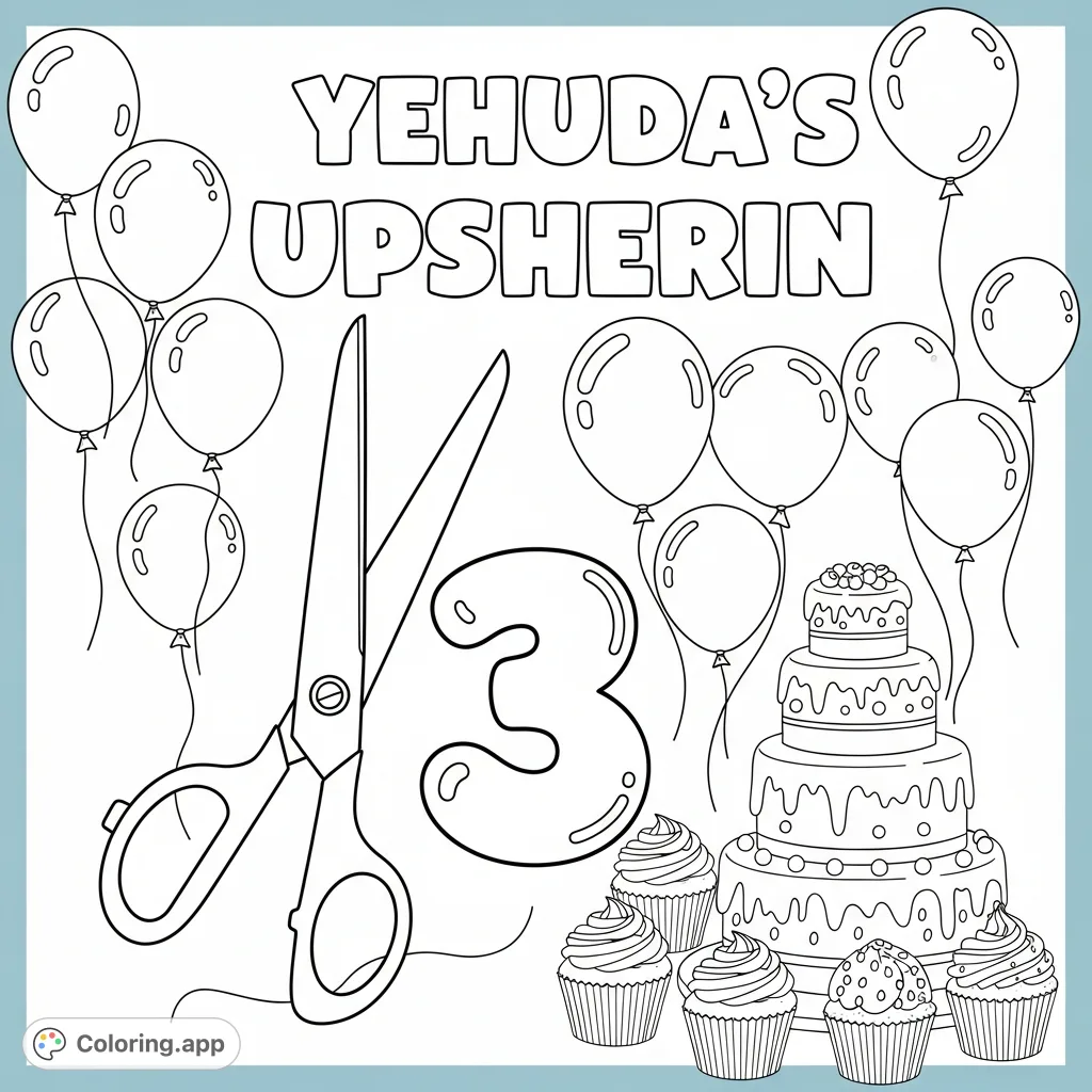 A festive Upsherin coloring page featuring "Yehuda's Upsherin" text, large scissors, the number 3, celebratory balloons, and delightful cakes and cupcakes.
