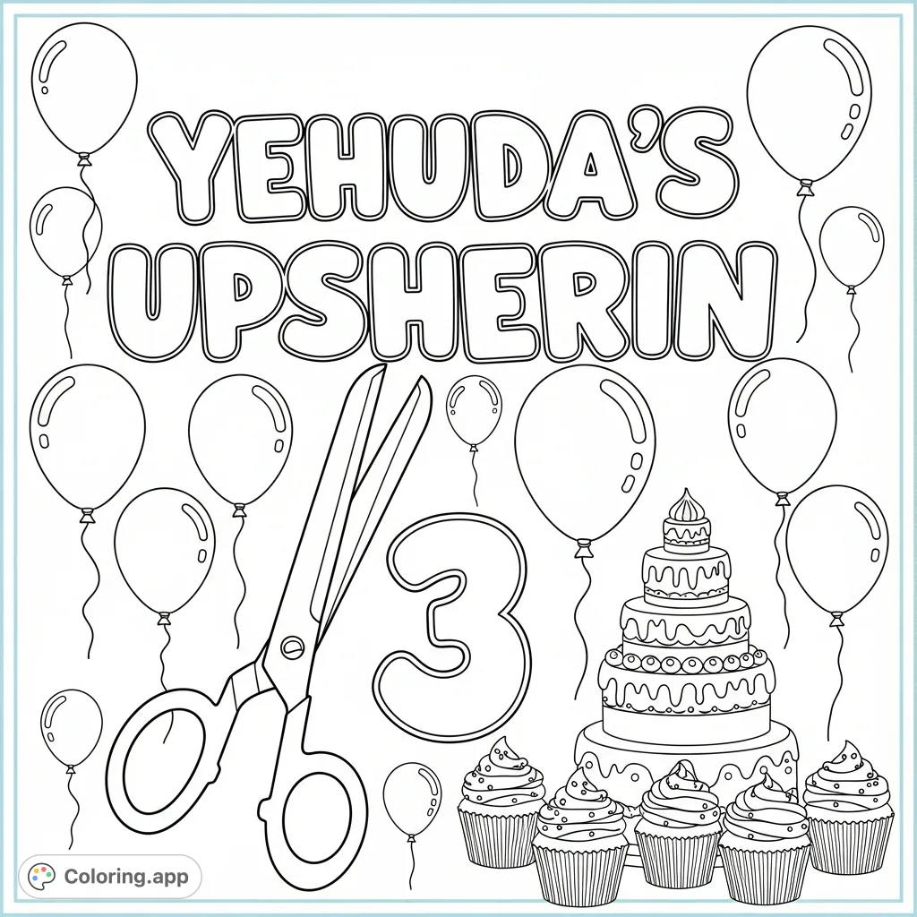 Celebrate Yehuda's Upsherin with this festive coloring page featuring bold text, scissors, balloons, cake, and cupcakes. A joyous scene ready for your creative touch!