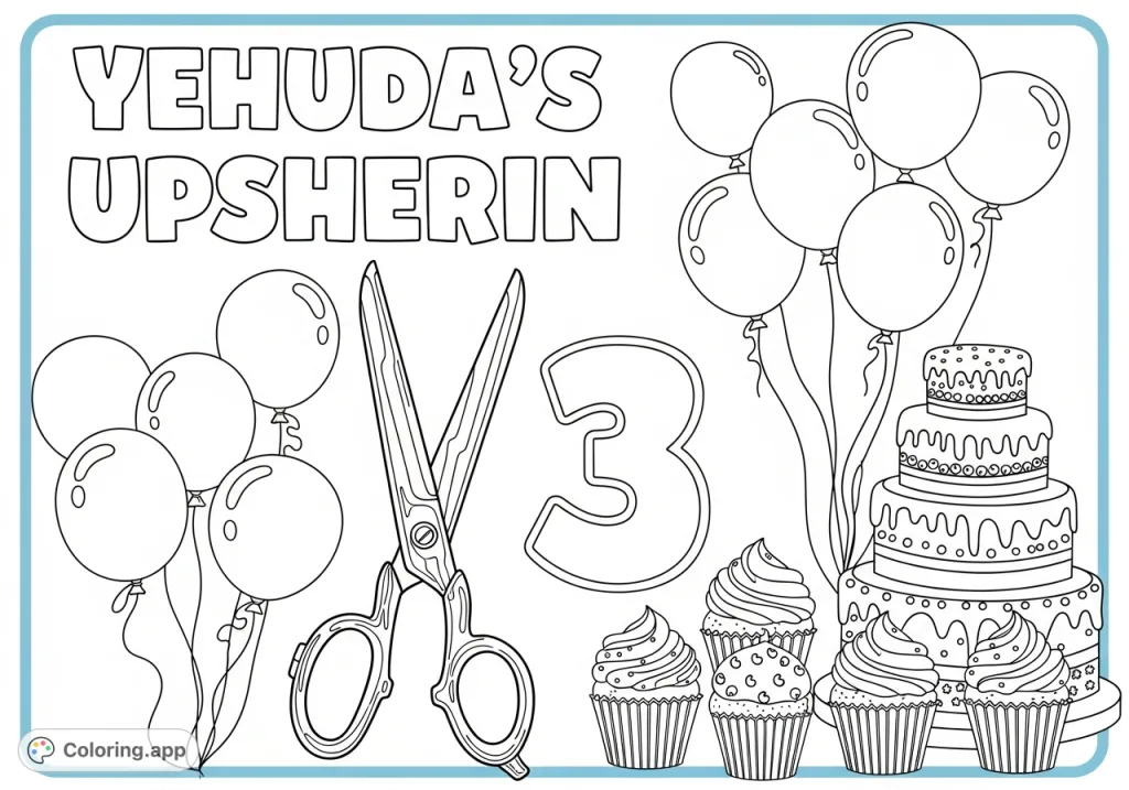 Celebrate a special milestone with this Upsherin coloring page featuring stylized text, open scissors, balloons, and delicious cake and cupcakes.