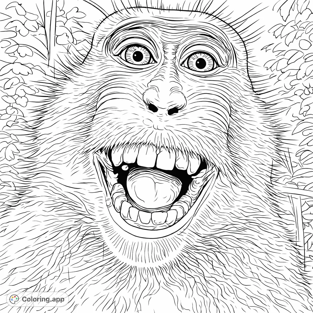 Capture the joy of this grinning monkey in a detailed coloring page. Expressive face, textured fur, and a wide smile await your creative touch!
