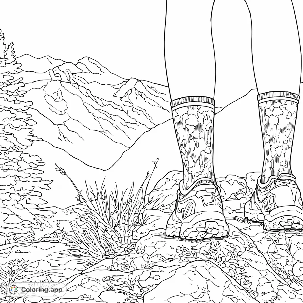 Capture the spirit of adventure with this mountain trail coloring page featuring patterned socks, rugged shoes, and a stunning mountain vista. Perfect for outdoor enthusiasts.