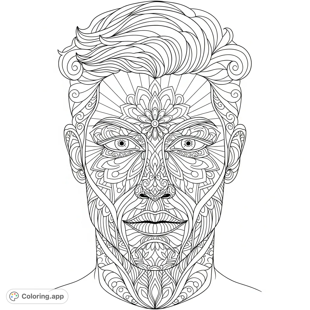 An intricate mandala face coloring page featuring a handsome man's portrait composed of detailed, symmetrical geometric and floral patterns. Perfect for mindfulness.